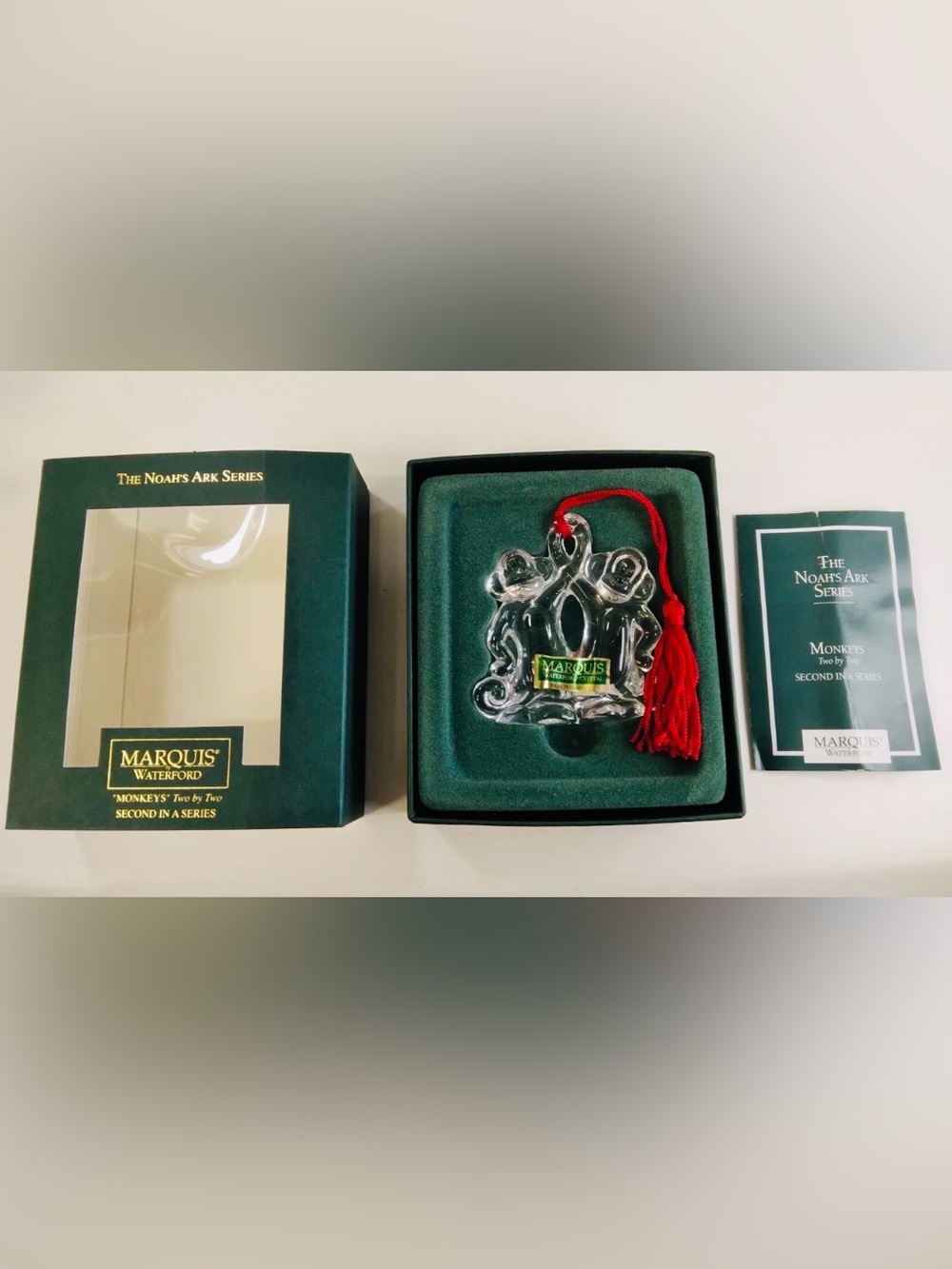 NWT- Marquis Waterford Crystal Clear Noah’s Ark Monkeys Ornament with Red Tassel